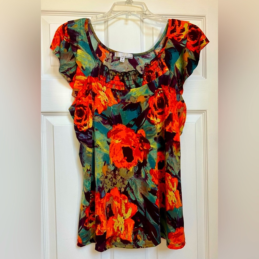 Lucy & Laurel Short Sleeve Flowing Floral Poppies Blouse Size M